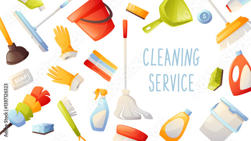 Rectangular banner, design element on the topic of cleaning service. Cleaning set, cleaning tools, cleaning agent, vector illustration. Spring cleaning, cleaning, cleanliness in the house.
