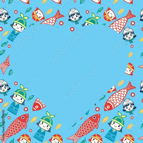 seamless pattern carp streamers, samurai helmets, and happy children, celebrating Japanese