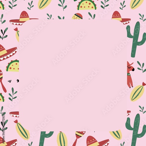 A seamless pattern featuring maracas, tacos, cacti, piñatas, and festive sombreros, drawn by hand and colored in vibrant reds, greens, and yellows
