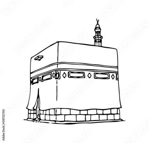 Detailed Kaaba line art vector. Mecca pilgrimage icon.
