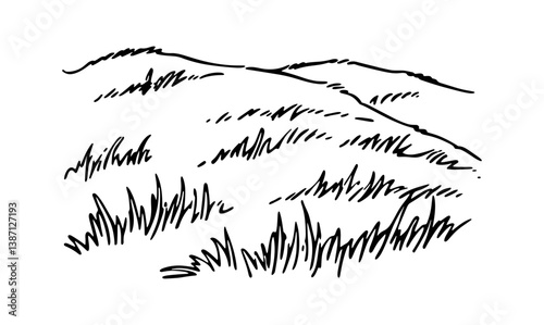 Minimalist sketch of grassland with distant hills in vector format.