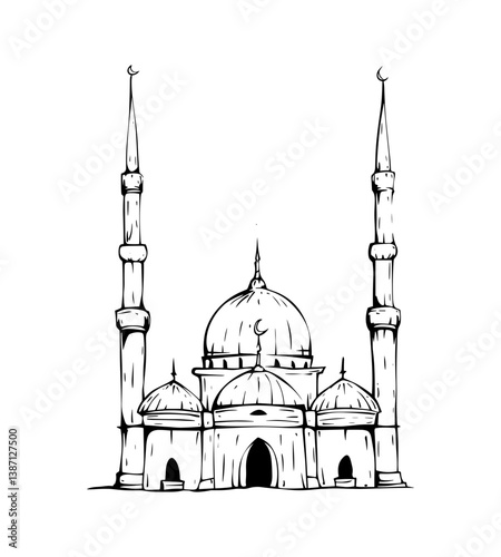 Detailed mosque vector illustration with minarets, dome and crescent moon symbol.