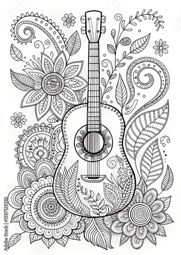 Ornate Guitar Coloring Page: Floral Mandala Design