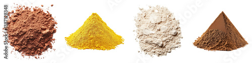 Four mounds of vibrant powdered spices.