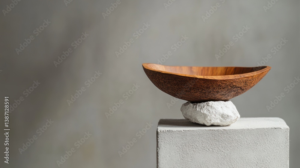 Wooden bowl balanced on a stone, minimalist display, modern backdrop Wooden bowl balanced on a stone, minimalist display, modern backdrop