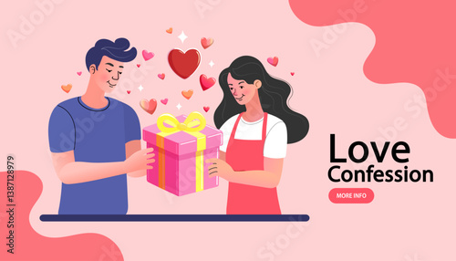 A romantic moment of a love confession. A shy man surprises his partner with a large present box and hearts. This banner is perfect for anniversaries, Valentine's Day, or romantic events.
