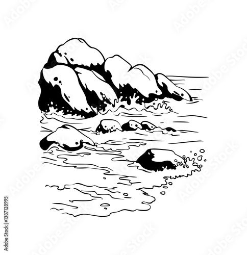 Vector illustration of river stones water flowing drawing in black and white icon style.