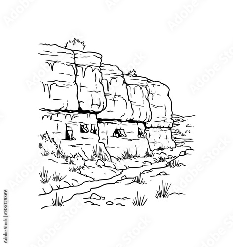 Line drawing of ancient cliff dwellings. Icon art style. A vector illustration.