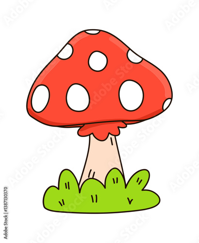 A charming cartoon illustration of toadstool mushroom with grass.