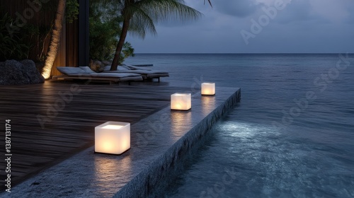 Coastal patio ambiance with illuminated cubes