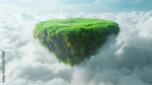 Floating grassy island hovering above dense white clouds in the sky fantasy scene.