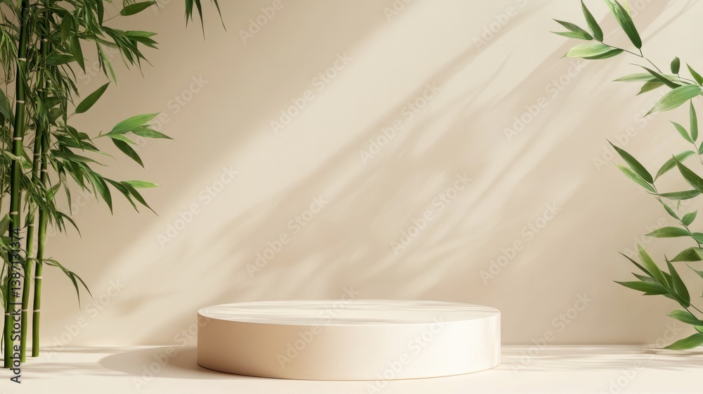 Beige pedestal, bamboo backdrop, sunlit display, product presentation Beige pedestal, bamboo backdrop, sunlit display, product presentation