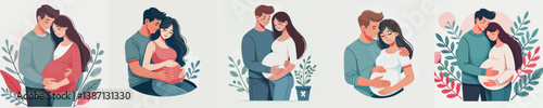 vector set of husband hugging his pregnant wife