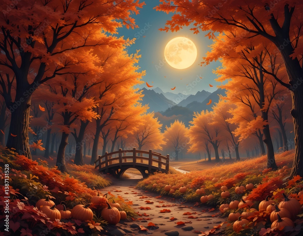 Fototapeta premium Autumnal Bridge under the Moon 