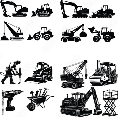 Construction Silhouette Set | Excavators, Cranes, Bulldozers, and Construction Site Illustration Construction Equipment Silhouette Set | Heavy Machinery, Industrial Tools, and Building Vector Collecti