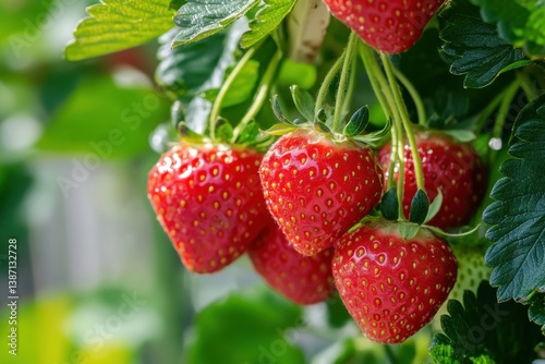Close-up of ripe red strawberries hanging on the plant surrounded by green leaves in a sunlit garden photo