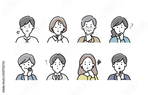悩んでいる表情のビジネスパーソンのイラストセット