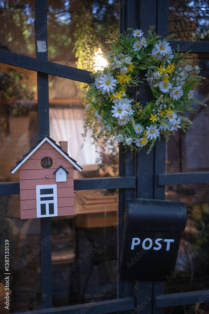 A small wooden house with flowers and a sign for the post.
