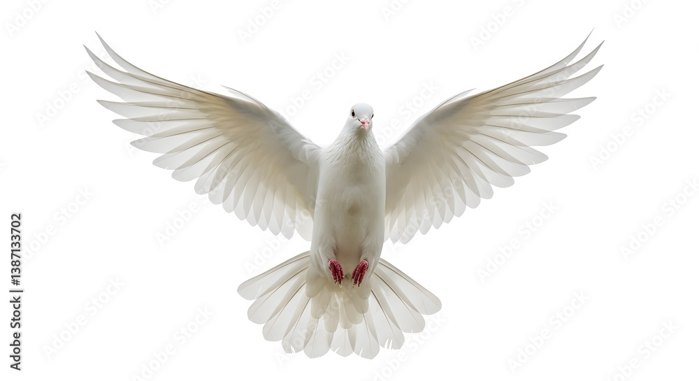 Fototapeta premium Dove Flying with Wings Spread on White Background Represents Freedom