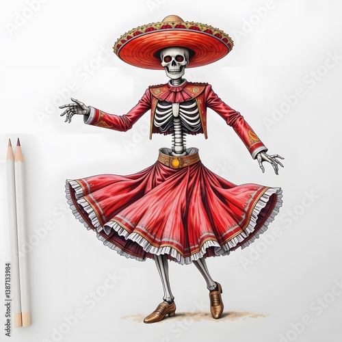 Dia de Muertos: Skeleton in Vibrant Red Dress and Sombrero Dancing photo