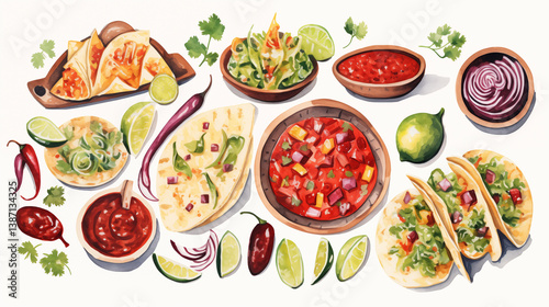 Set of mexican food clipart: taco, burrito, nachos, and more. Fiesta food illustrations.