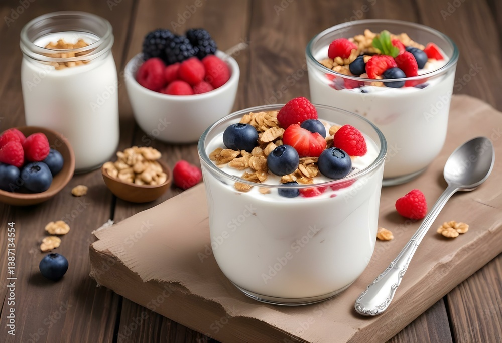 yogurt with muesli and berries on a wooden table yogurt with muesli and berries on a wooden table