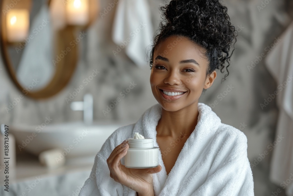 Natural organic cosmetic. Cheerful African American woman in white bathrobe after shower, opening jar of cream in bathroom interior in morning, Generative AI Natural organic cosmetic. Cheerful African American woman in white bathrobe after shower, opening jar of cream in bathroom interior in morning, Generative AI