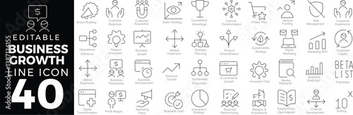 Business Growth Web Icons Set in Line Style. Linear Icons Collection Featuring Expansion Strategies, Revenue Growth, Market Development, and Operational Scaling. Editable Stroke.