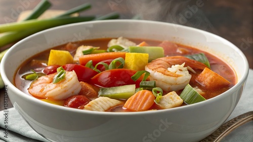 Bouillabaisse bursting with flavors featuring vibrant vegetables in a steaming bowl