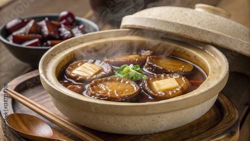 Braised abalone simmering in a traditional Chinese pot creates an aromatic culinary experience