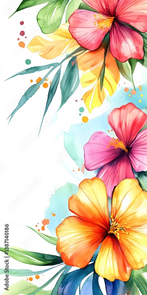 Fototapeta premium Watercolor Floral Corner Frame Photo, Vibrant Garden Bloom Art, Botanical Spring Background Scene, Colorful Flower Illustration, Mother's Day Card Flower Image