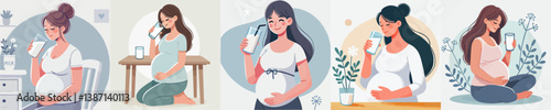pregnant woman vector set drinking milk
