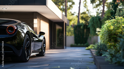 A sleek black sports car parked outside a modern house with lush greenery in the background scene view