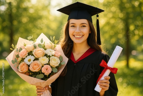 Graduation Ceremony Celebration With Joyful Graduate Holding Diploma and Bouq...