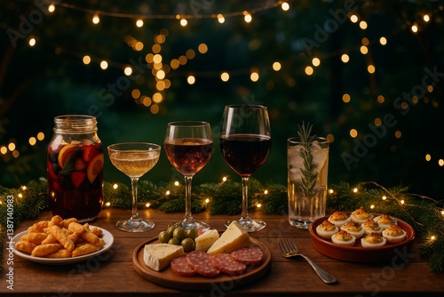 Elegant Evening Gathering With Assorted Foods and Drinks in a Beautifully Lit...
