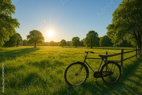 Quiet Morning in a Sunny Meadow With a Bicycle Beside the Fence