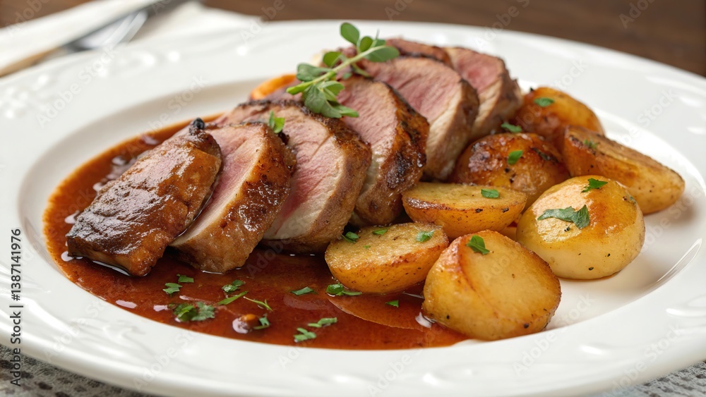 Savoring the richness of braised duck with robust beer and tender baby potatoes cooked to perfection Savoring the richness of braised duck with robust beer and tender baby potatoes cooked to perfection
