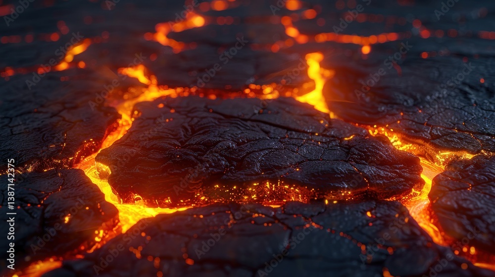 Fototapeta premium Molten Lava Flowing Through Cracked Earth Surface