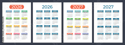 2026 and 2027 year calendar set. Color vector pocket calender design. Week starts on Sunday. January, February, March, April, May, June, July, August, September, October, November, December