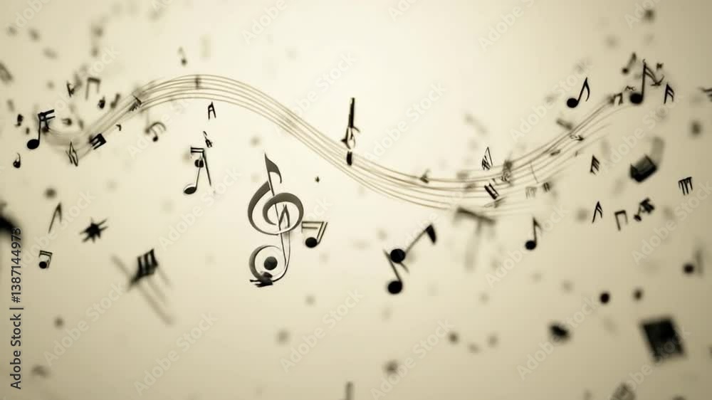 Musical Notes in Symphony: Dynamic musical notes dance across the frame, with a prominent treble clef, in a symphony of harmonious tones and textures, representing music and rhythm in motion.