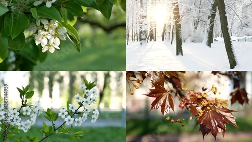 Seasons - collage with the image of nature at different times of the year. A beautiful collage - autumn, winter, spring, summer - four seasons.