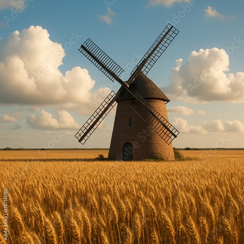 Windmill Stands Tall in Golden Wheat Field Under Bright Blue Skies