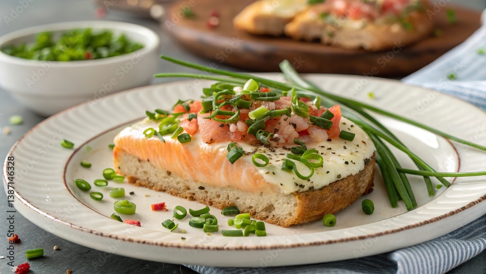 Delicious open-faced bread topped with fresh chives and salmon paired with vibrant tomato salsa Delicious open-faced bread topped with fresh chives and salmon paired with vibrant tomato salsa