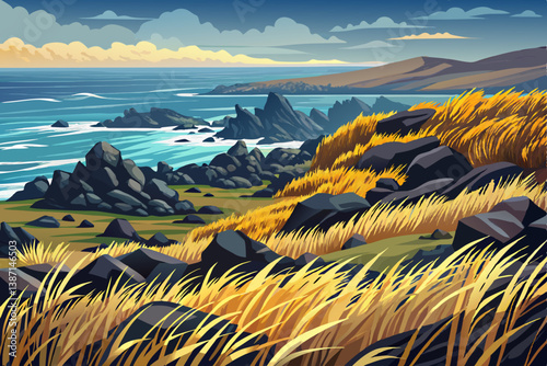 Coastal grassland landscape with volcanic rocks and sea breeze, beautiful beach