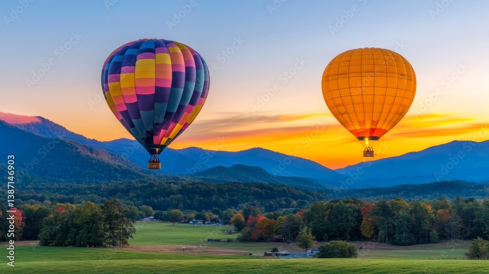 Fototapeta premium Colorful hot air balloons soaring over a picturesque mountain landscape at sunset
