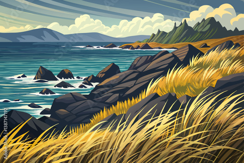 Coastal grassland landscape with volcanic rocks and sea breeze, beautiful beach