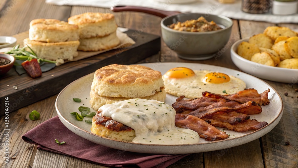 Classic southern breakfast spread featuring biscuits, gravy, bacon, eggs, and hearty potatoes for a delightful morning Classic southern breakfast spread featuring biscuits, gravy, bacon, eggs, and hearty potatoes for a delightful morning