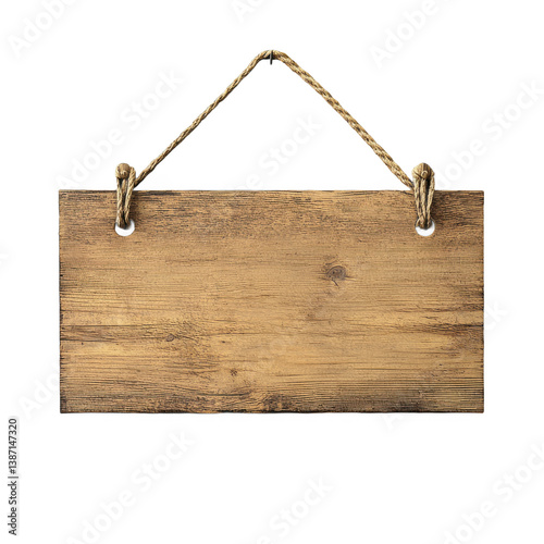 Hanging wooden sign with rope texture on transparent background
