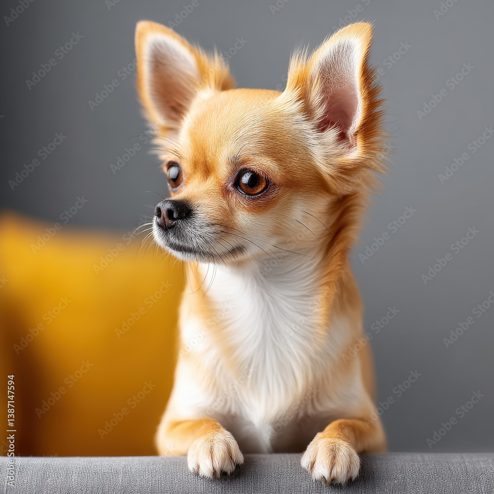 Obraz premium An adorable fawn-colored Chihuahua puppy with big expressive eyes sits attentively on a gray couch looking to the side against a neutral background.