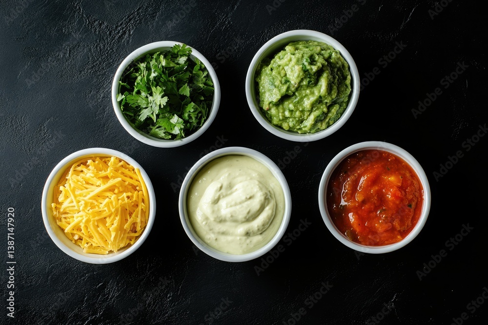 Five bowls of various Mexican-inspired toppings: guacamole, salsa, cheese, cilantro, and a creamy sauce. Five bowls of various Mexican-inspired toppings: guacamole, salsa, cheese, cilantro, and a creamy sauce.